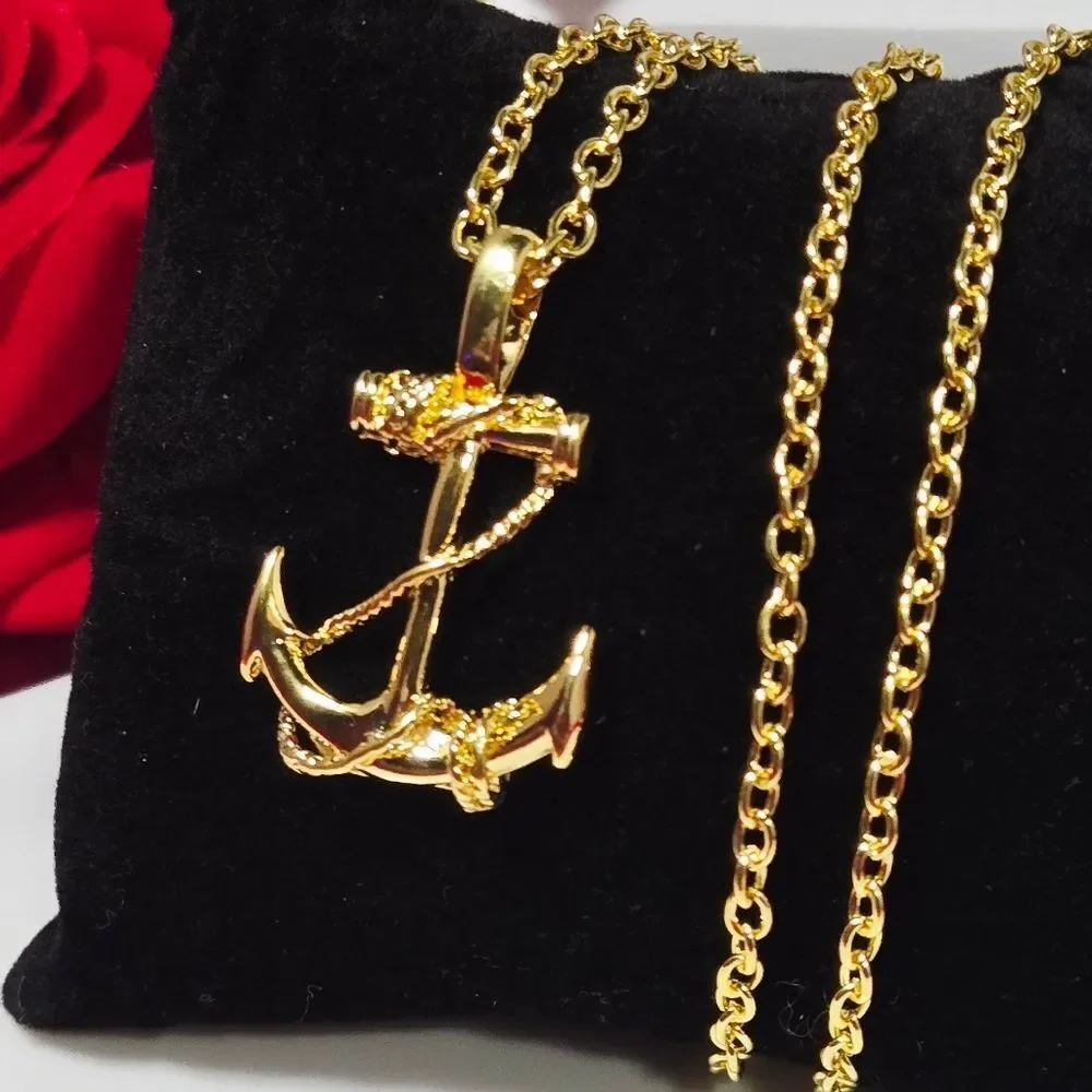 Gold Maritime Anchor Pendant Necklace | Nautical Rope Design Navy Inspo Jewelry